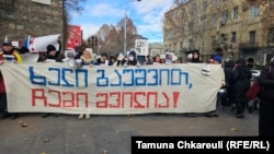 Protesters gather with their diplomas in front of Georgia's parliament to underline the lack of higher education of presidential candidate Mikheil Kavelashvili.