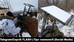 A photo posted on social media by a Ukrainian military adviser purports to show a Russian soldier mounting a Starlink component on a horse. 