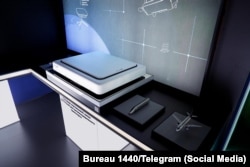 A Rassvet satellite Internet dish designed for trains on display in November 2025.