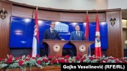 Predsednik Srbije Aleksandar Vučić sa predsednikom bh. entiteta Republike Srpske Miloradom Dodikom posle presude Suda BiH u slučaju Dodika, Banjaluka, BiH, 26. februara 2025.