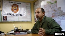 Rebel commander Aleksandr Khodakovsky of the so-called Vostok Battalion speaks during a previous interview in Donetsk on July 8.