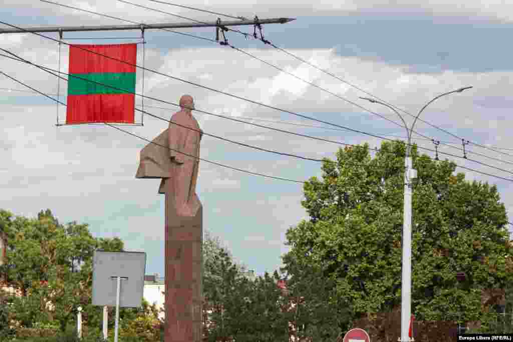 A marble statue of Soviet founder Vladimir Lenin stands in front of the central administration building in Tiraspol. Public funds pay for the upkeep of Soviet monuments in the breakaway region.