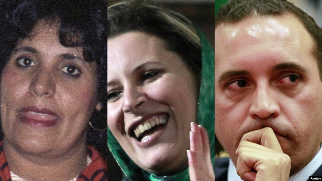 A photo montage shows Qaddafi's wife Safia, daughter Aisha, and son Hannibal (left to right).