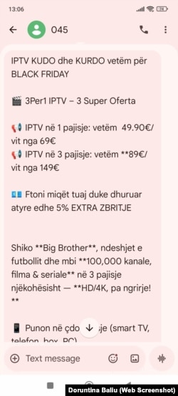 Një ofertë për IPTV dërgohet përmes mesazhit në një numër telefoni të Kosovës