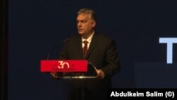 Hungarian Prime Minister Viktor Orban delivers a speech in Timisoara on December 15 commemorating 30 years since the end of communist rule in Romania.