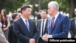 Presidents Xi Jinping of China (left) and Tomislav Nikolic of Serbia talk during the first Chinese visit in the last 30 years to Belgrade on June 17.