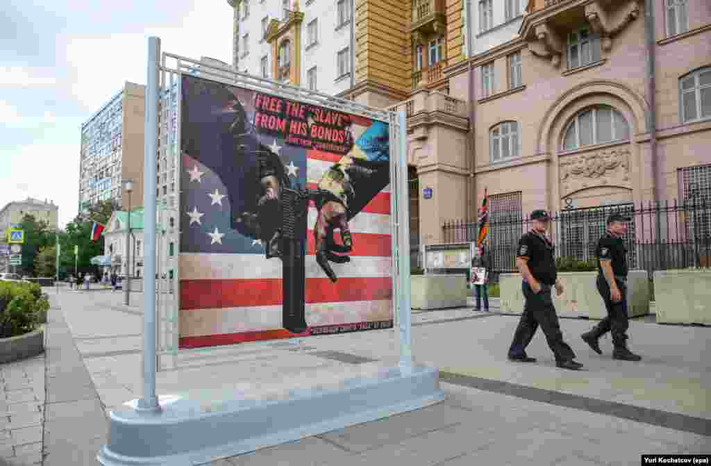 Russia, for its part, has also trolled Western embassies. This image shows a sign outside the U.S. Embassy in Moscow in June 2024.