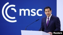 Американскиот државен секретар Марко Рубио зборува за време на Минхенската безбедносна конференција (MSC) во Минхен, Германија, 14 февруари 2026 година.