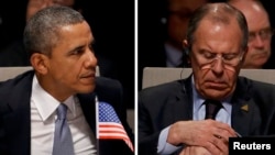 U.S. President Barack Obama (left) and Russia's Foreign Minister Sergei Lavrov are seen in this combination photo as they attend the opening ceremony of a Nuclear Security Summit (NSS) in The Hague in March 2014.