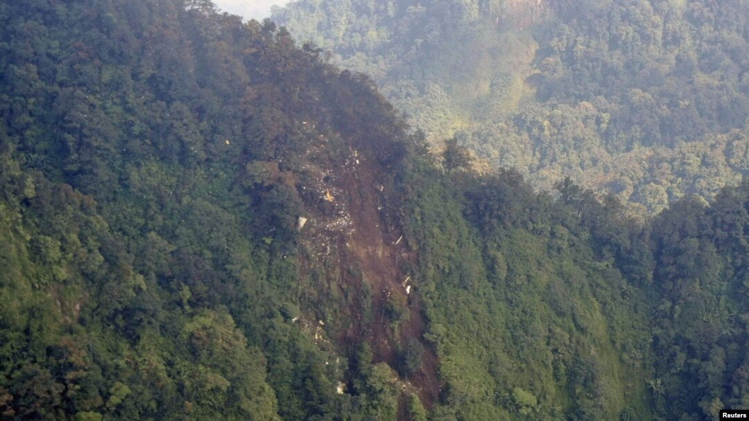 A view of the wreckage of the Russian Sukhoi Superjet-100 aircraft on Mount Salak in West Java Province