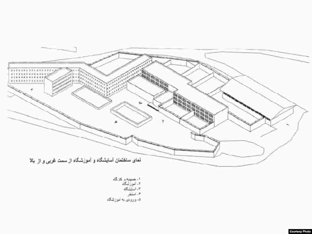 نمای ساختمان آسایشگاه و آموزشگاه از سمت غربی و از بالا