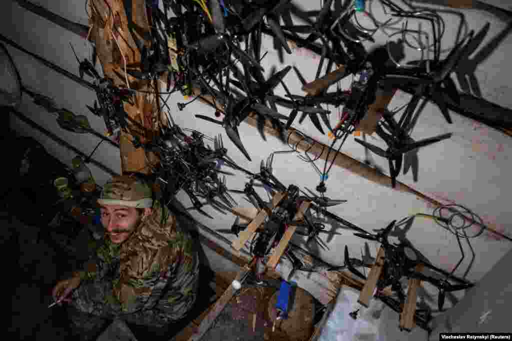 A Ukrainian soldiers who operates first-person view (FPV) drones poses for a picture at his position at the front line amid Russia&#39;s attack on Ukraine near the town of Pokrovsk.