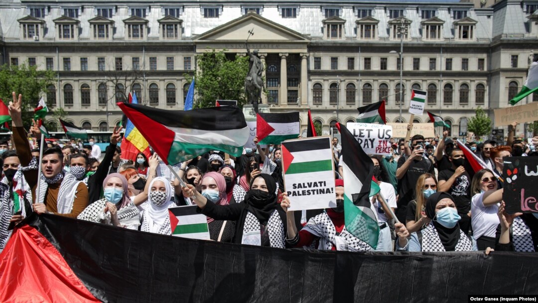 Protest față de atacurile lansate de Israrel împotriva Fâșiei Gaza, București, 15 mai 2021.