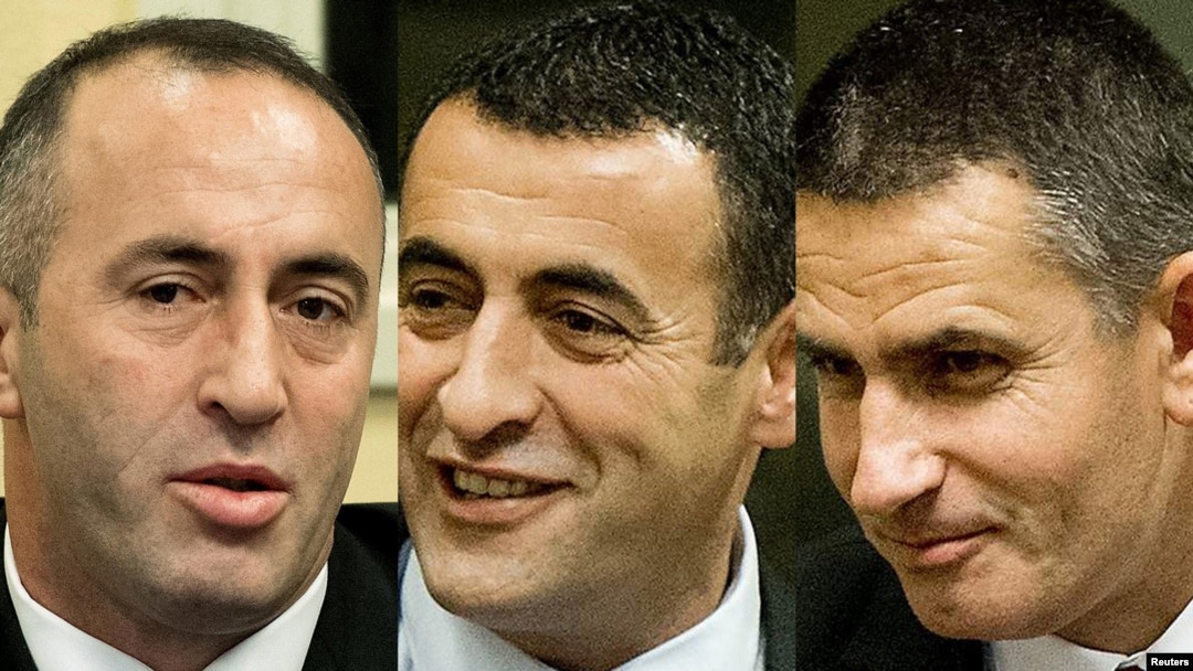 A combo photo shows Ramush Haradinaj (left), Lahi Brahimaj (center), and Idriz Balaj during the verdict reading in The Hague on November 29