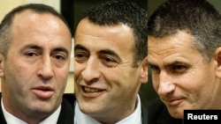 A combo photo shows Ramush Haradinaj (left), Lahi Brahimaj (center), and Idriz Balaj during the verdict reading in The Hague on November 29