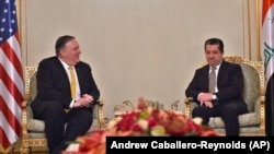 U.S. Secretary of State Mike Pompeo, left, meets with Masrur Barzani, Prime Minister of Iraq's autonomous Kurdistan Regional Government (KRG), in the province's capital Irbil, January 9, 2019