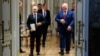 Russian President Vladimir Putin (left) and Belarusian President Alyaksandr Lukashenka emerge after talks at the Palace of Independence in Minsk on May 24.