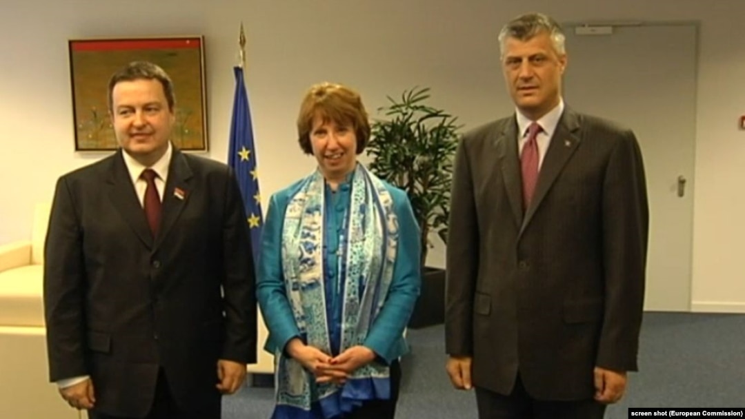 Serbian Prime Minister Ivica Dacic, EU Foreign Policy Representative Catherine Ashton, and Kosovo Prime Minister Hashim Thaci (left to right) in Brussels after their overnight meeting.