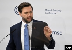 US Vice President JD Vance delivers his speech at the Munich conference on February 14, 2025.