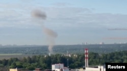 A view of smoke rising after an explosion in the Moscow region