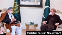 Karim Khalili (left), an influential Afghan Shi'ite leader, meets with Pakistani Foreign Minister Shah Mahmood Qureshi at the Foreign Ministry in Islamabad on January 12.