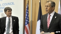 Greece -- US Deputy Secretary General James Steinberg listens as Russian Foreign Minister Sergei Lavrov (R) speaks at the 17th OSCE Ministerial council in Athens, 01Dec2009 