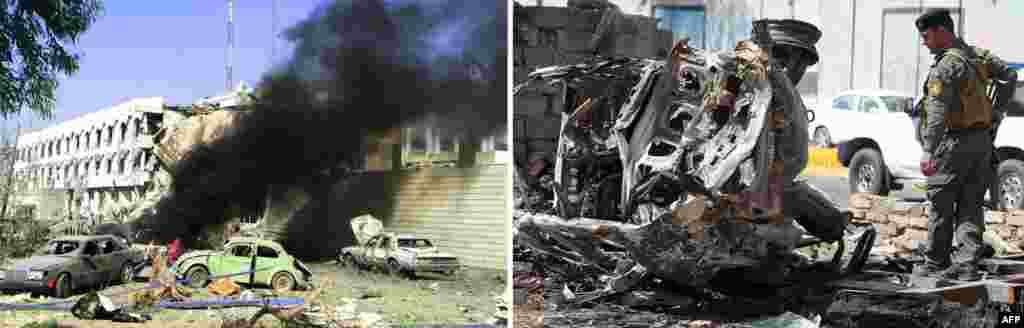 Left: A car burns outside the UN headquarters in eastern Baghdad after a huge explosion rocked the building n August 19, 2003, killing at least 22 people, including UN special representative for Iraq Sergio Vieira de Mello. Right: Baghdad on March 15, 2013, a day after militants staged an apparently unsuccessful assault. A coordinated string of bombings and an assault on the Justice Ministry killed 18 people, in the Iraqi capital&#39;s deadliest violence this month.