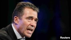 NATO Secretary-General Anders Fogh Rasmussen at a news conference in Brussels on May 11