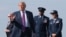 US President Trump disembarks Air Force One at Ellington Field Joint Reserve Base in Houston on August 27.