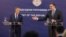 European Council President Donald Tusk (left) and Serbian President Aleksandar Vucic speak to the press in Belgrade on April 25.