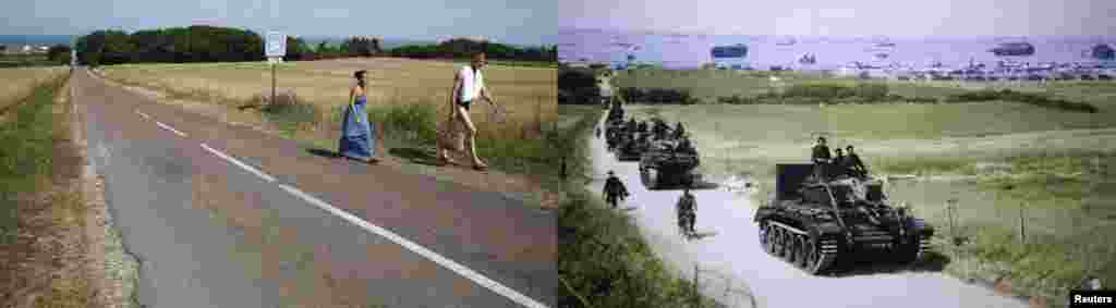 A Cromwell tank leads a British Army column inland from Gold Beach after landing on D-Day in Ver-sur-Mer, Normandy.