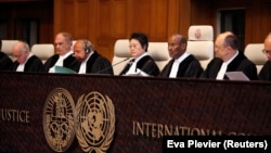 Judges at the UN court are seen during a hearing in a case launched by Ukraine that accuses Moscow of funding pro-Russian separatist groups in Ukraine, in The Hague on June 3.