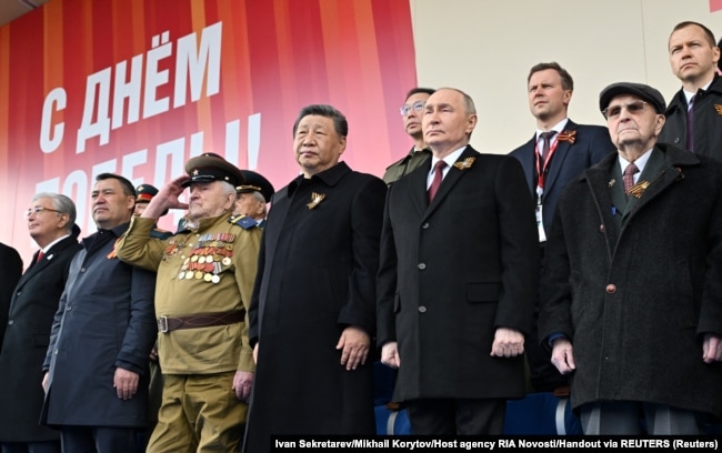 Chinese and Russian leaders Xi Jinping and Vladimir Putin at a parade on Red Square. Moscow, May 9, 2025