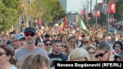 Student-led anti-government protesters demonstrate in Belgrade on September 8. 