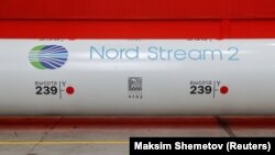 RUSSIA -- The logo of the Nord Stream 2 gas pipeline project is seen on a large diameter pipe at Chelyabinsk Pipe Rolling Plant owned by ChelPipe Group in Chelyabinsk, February 26, 2020