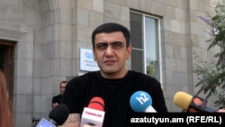 Armenia - Goris Mayor Arush Arushanian speaks to journalists outside a court in Goris, September 3, 2024.