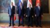 (Left to right) Foreign ministers Hossein Amirabdollahian of Iran, Sergei Lavrov of Russia, Faisal Mekdad of Syria, and Mevlut Cavusoglu of Turkey pose for a picture in Moscow on May 10.