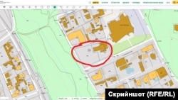  Скрийншот от кадастралната карта. В алено е ограден парцелът на СБУ в центъра на Хисаря. 