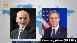 آنتونی بلینکن، وزیر امورخارجه آمریکا و اشرف غنی، رئیس‌جمهوری افغانستان (سمت چپ تصویر)