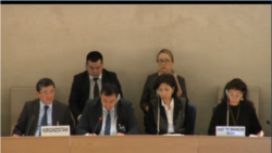 Представители Кыргызстана во время рассмотрения доклада КР о ситуации с правами человека в Кыргызстане на сессии Рабочей группы Универсального периодического обзора (УПО) Совета ООН по правам человека в Женеве. 19 января 2015 года.
