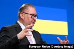 Віцепрем'єр з євроінтеграції України Тарас Качка на пресконференції після відкриття 6-го кластеру в Брюсселі, Бельгія, 14 липня 2026 року