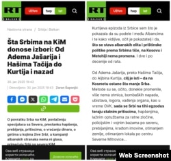 Tekst RT Balkan pod naslovom "Šta Srbima na KiM donose izbori: Od Adema Jašarija i Hašima Tačija do Kurtija i nazad"