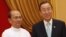 Myanmar's President Thein Sein (left) meets with UN Secretary-General Ban Ki-moon at the Presidential Palace in Naypyitaw on April 30.