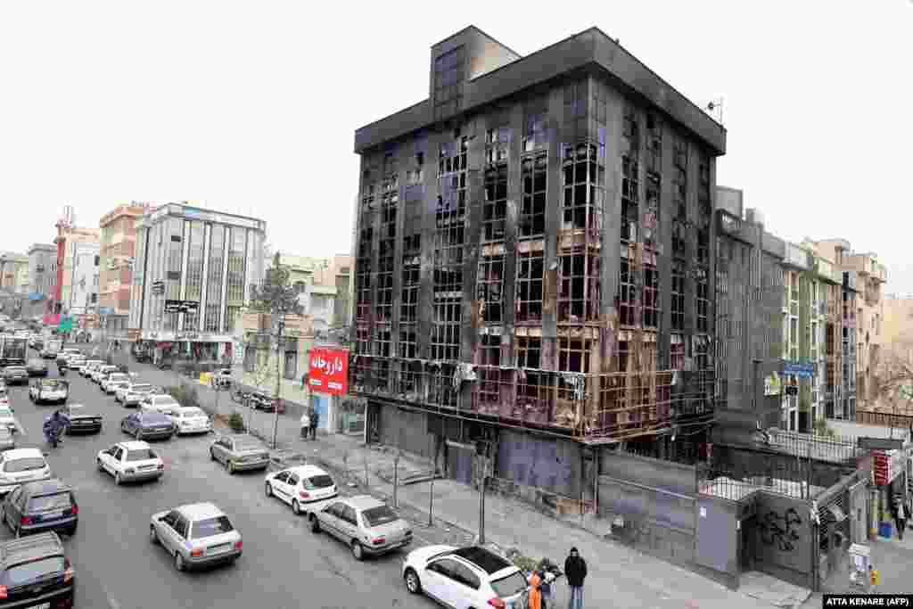 A burned-out building in central Tehran.US-based rights group HRANA says more than 4,500 people were killed throughout Iran amid a crackdown on the protests, with tens of thousands arrested.