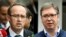 This combination of file photographs created on July 6, 2020 shows (L) newly elected Kosovo Prime Minister Avdullah Hoti as he speaks to the media in Pristina on June 3, 2020 and (R) Serbian President Aleksandar Vucic addressing the media outside a pollin