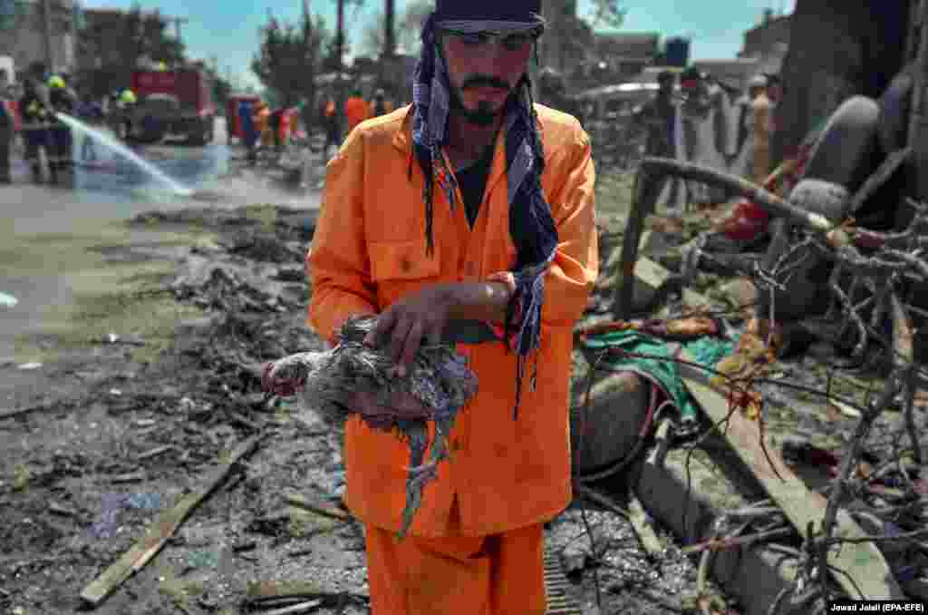 A municipality worker carries an injured chicken after an explosion in Kabul on September 9. (epa-EFE/Jawad Jalali)