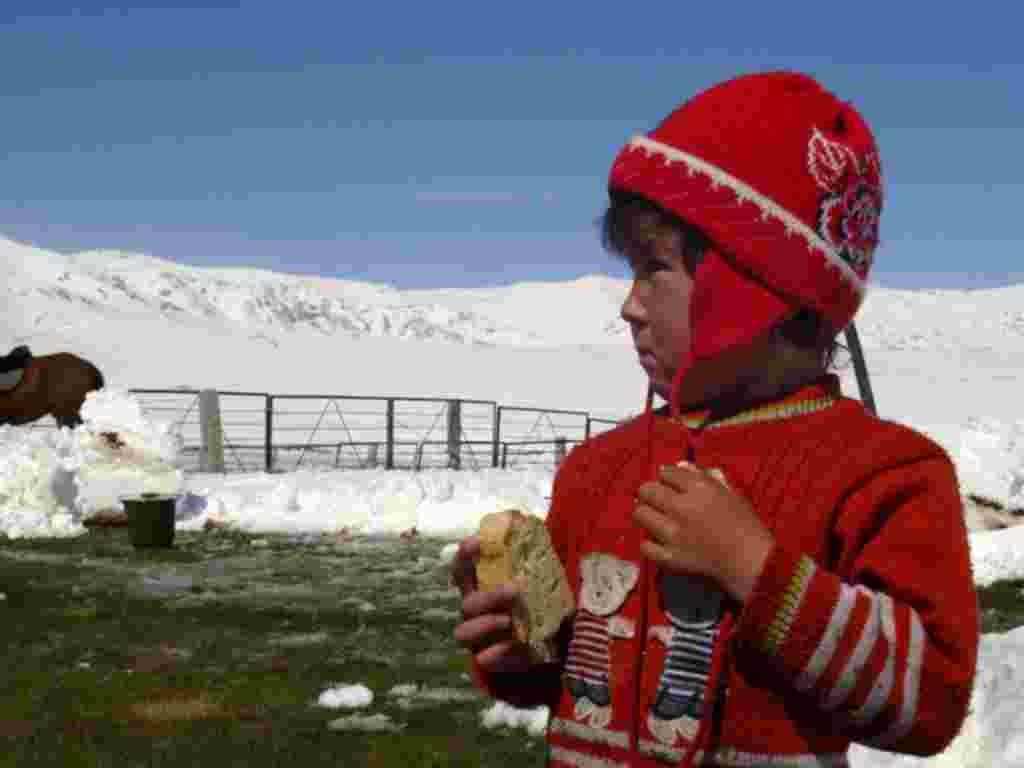 A child in Naryn is bundled up for unseasonable weather.