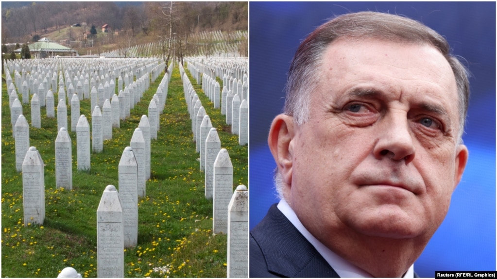 Kombinovana fotografija Memorijalnog centra u Potočarima i bivšeg predsjednika Republike Srpske Milorada Dodika.