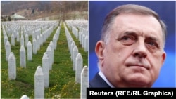 Kombinovana fotografija Memorijalnog centra u Potočarima i bivšeg predsjednika Republike Srpske Milorada Dodika.