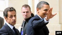 French President Nicolas Sarkozy (left) and his U.S. counterpart Barack Obama spoke at a joint press conference duirng the G8 summit in Deauville, France.